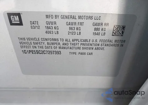 2012 Chevrolet Cruze Lt from USA, damaged, VIN 1G1PE5SC2C7297393